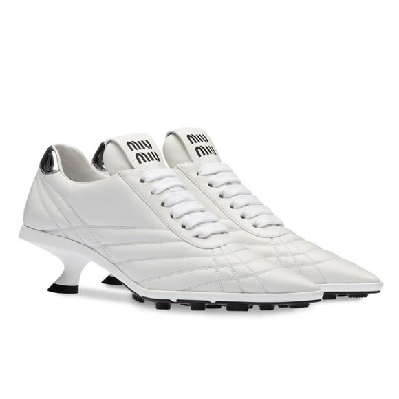 NWT Miu Miu Heeled Sneakers White Leather Pointed Toe Lace Up Kitten Heels Sz 34 - Picture 2 of 10